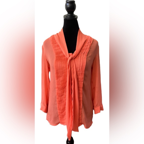 Banana Republic: Orange Peach Pleated Blouse with Neck Tie - Picture 6 of 17